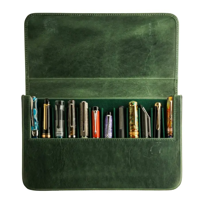 Galen Leather Magnum Opus皮革硬筆盒 綠色 十二支裝 連可拆式筆盤